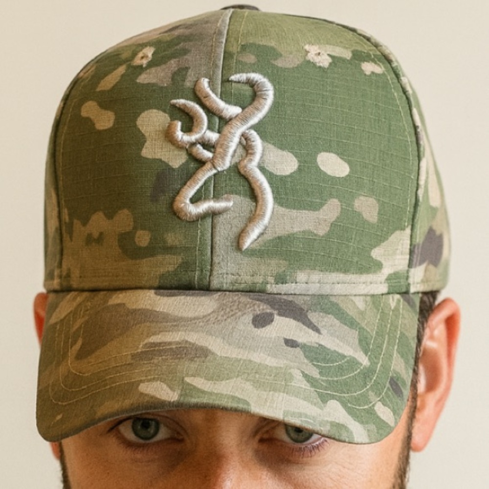 Green Camo Cap with Embroidered Design-NEW